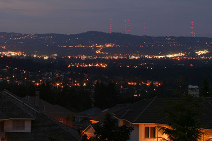 City lights over Beaverton, looking Northeast toward Skyline, from Cooper Mountain